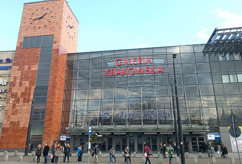 Entrance to the Krakow central train station leads through Galeria Krakowska shopping mall