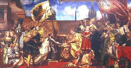 King Sigismund I accepts the oath of allegiance from Albrecht I, prince of Prussia